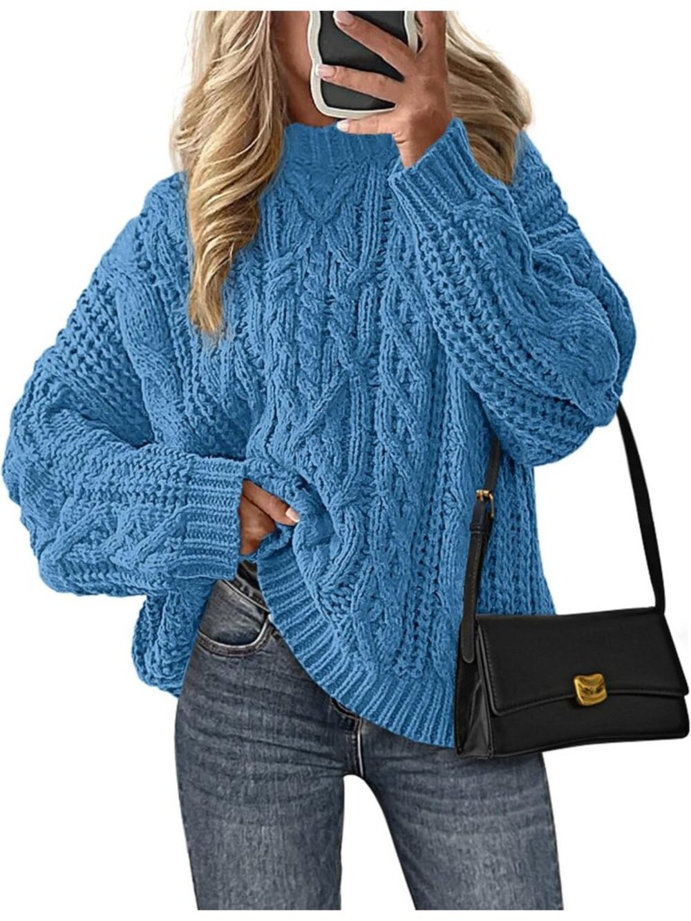 Women's Blue Cozy Long Sleeve Loose Fitting Classic Crew Neck Fall Sweaters